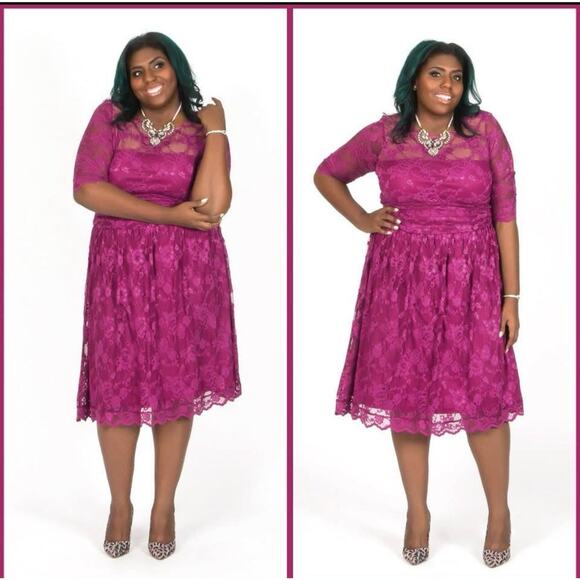 Kiyonna Dress Luna Lace Style 2X Pink Party Lined Feminine Colorful Fit + Flare - Picture 12 of 13